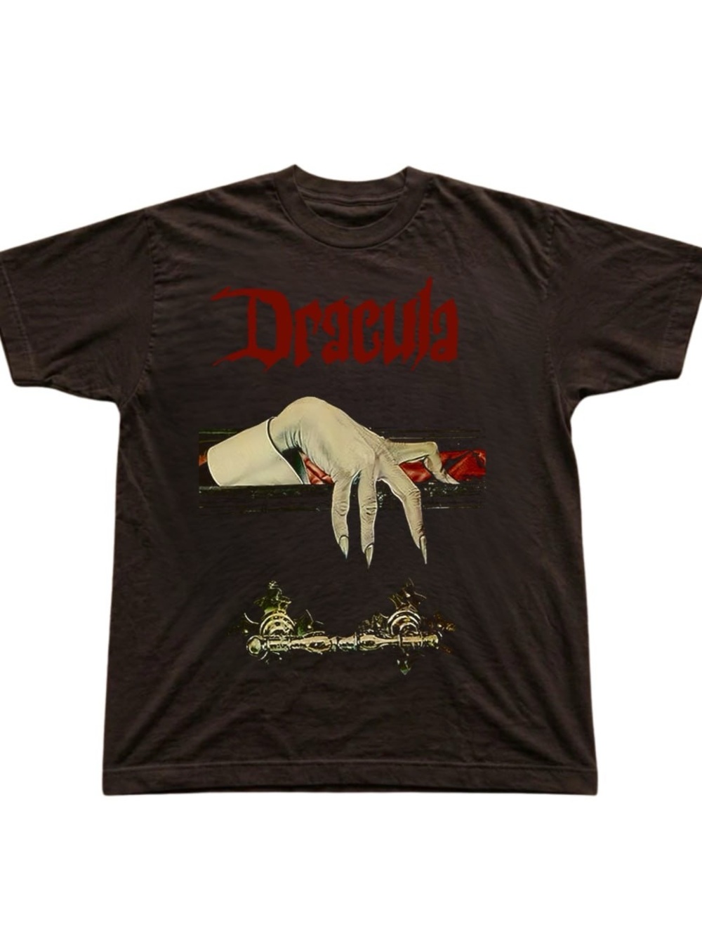 Brown Dracula Graphic Tee with Red Logo and Cream Hand